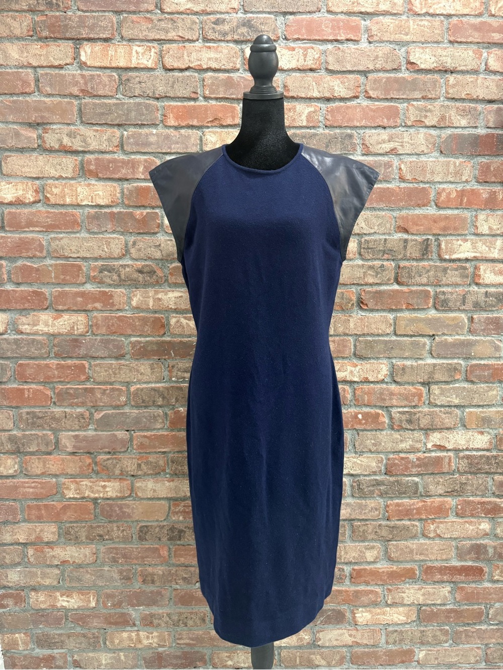 Ralph Lauren Navy Midi Dress with Dark leather Shoulder Panels in XL